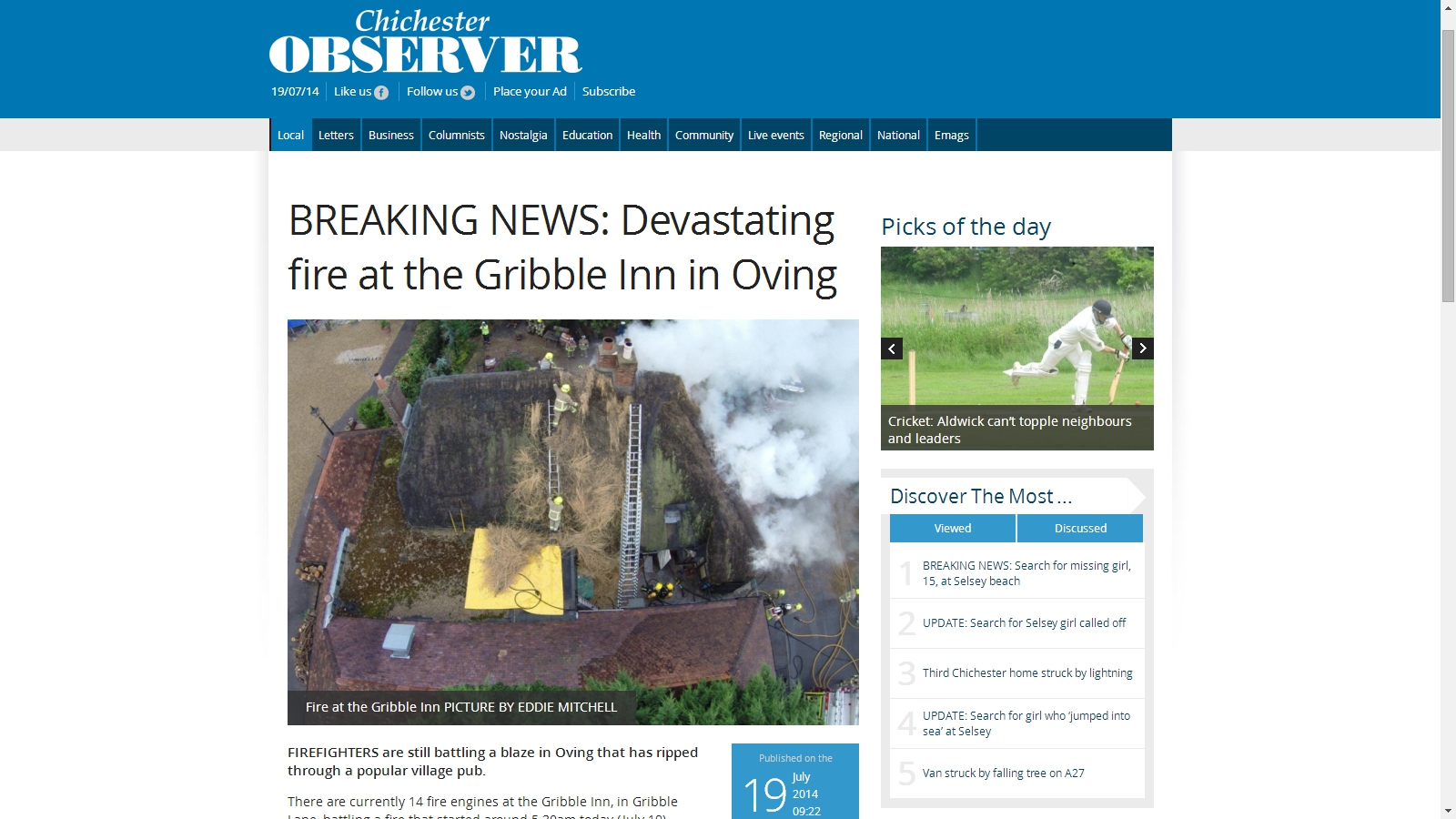 Chichester Observer Screenshot - Gribble Inn Fire